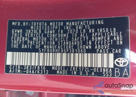 2016 Toyota Corolla Le из США, поврежденный, VIN 5YFBURHE0GP381060